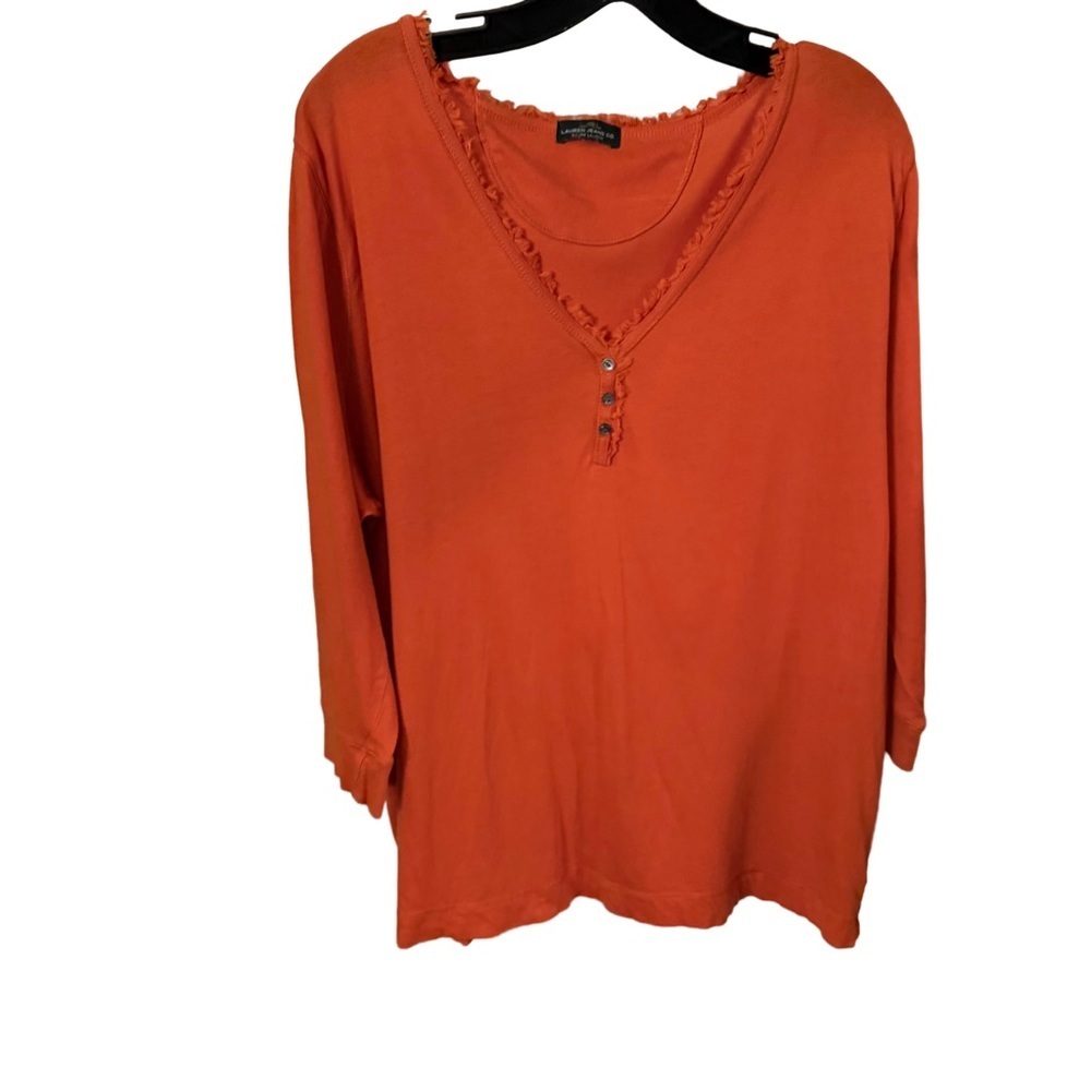 Ralph Lauren 100% Cotton Orange 3/4 Sleeve Frayed  V Neck Top Women's Plus 2X